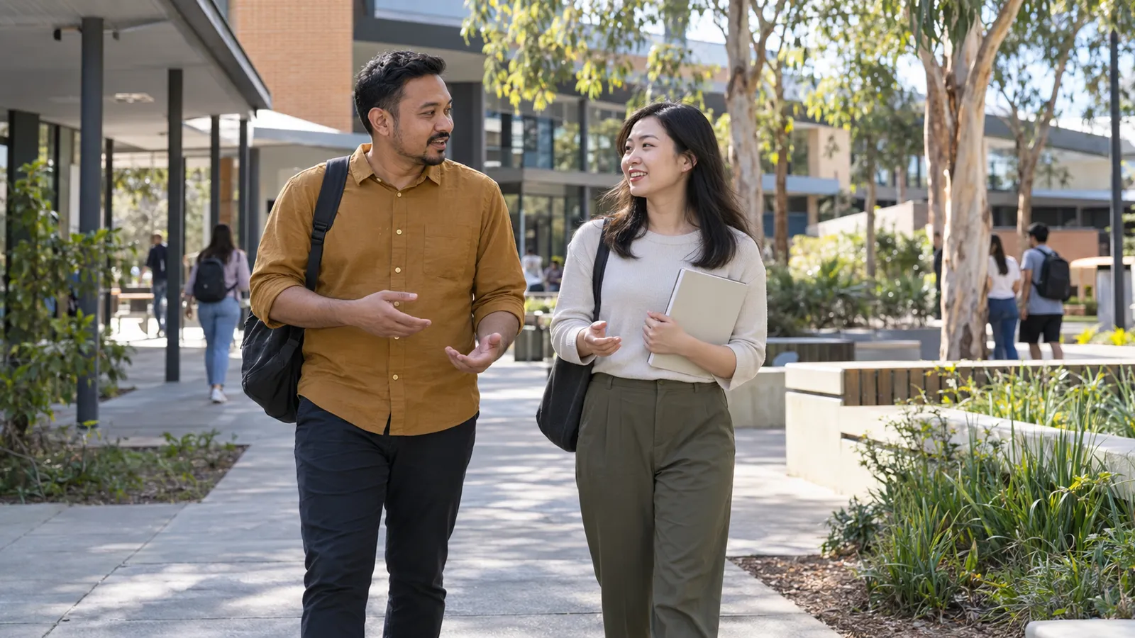A man in an ochre shirt and a woman holding a notebook walk and chat through a sunny campus courtyard.