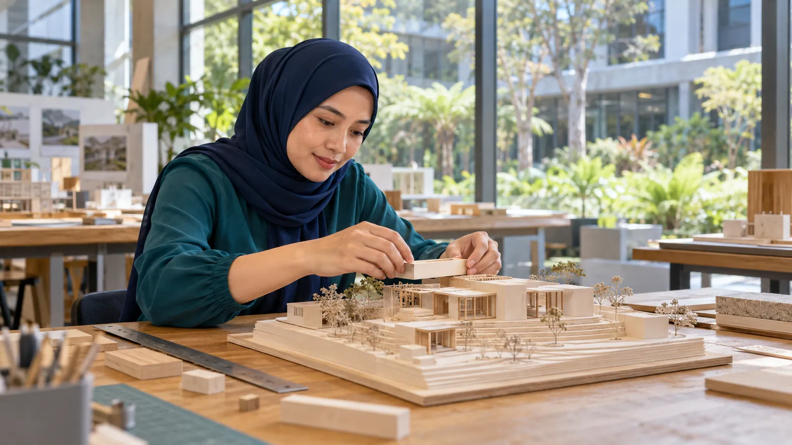 A woman in a navy hijab and teal blouse assembles a wooden architectural model in a sunlit studio.