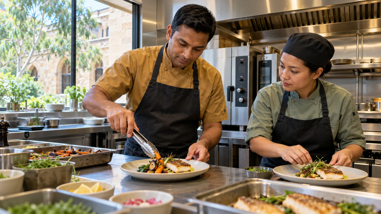 A chef in ochre workwear plates fish and vegetables beside a colleague in a sunlit commercial kitchen.