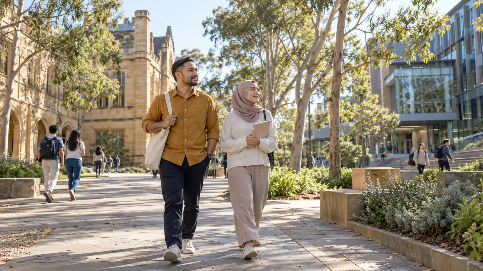 A man in an ochre shirt and a woman carrying a notebook walk through a sunlit Australian university campus.