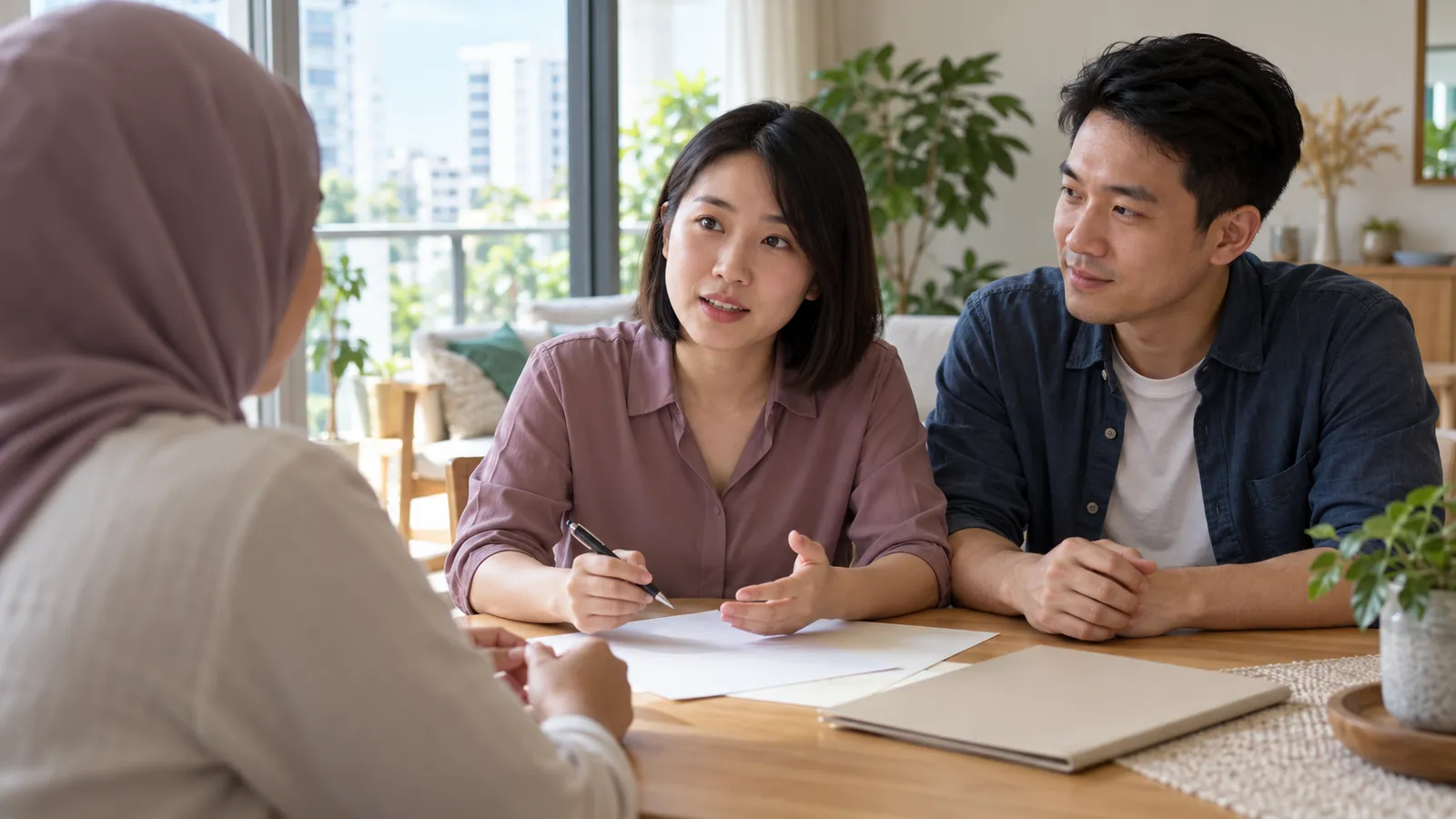 A woman in mauve discusses plans with two adults over papers at a sunlit dining table in Singapore.