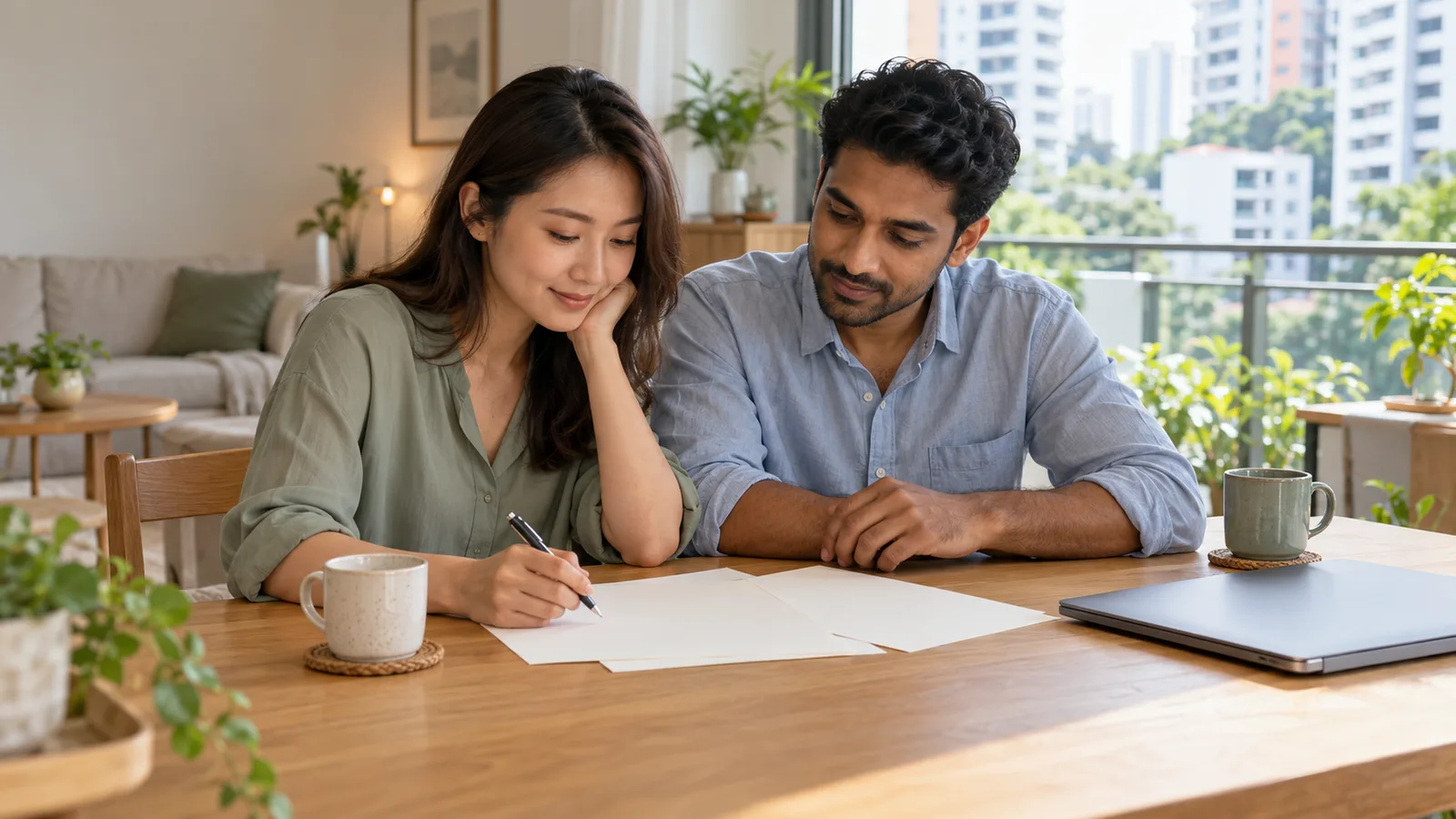A woman holds a pen over papers while a man sits beside her at a sunlit dining table in Singapore.