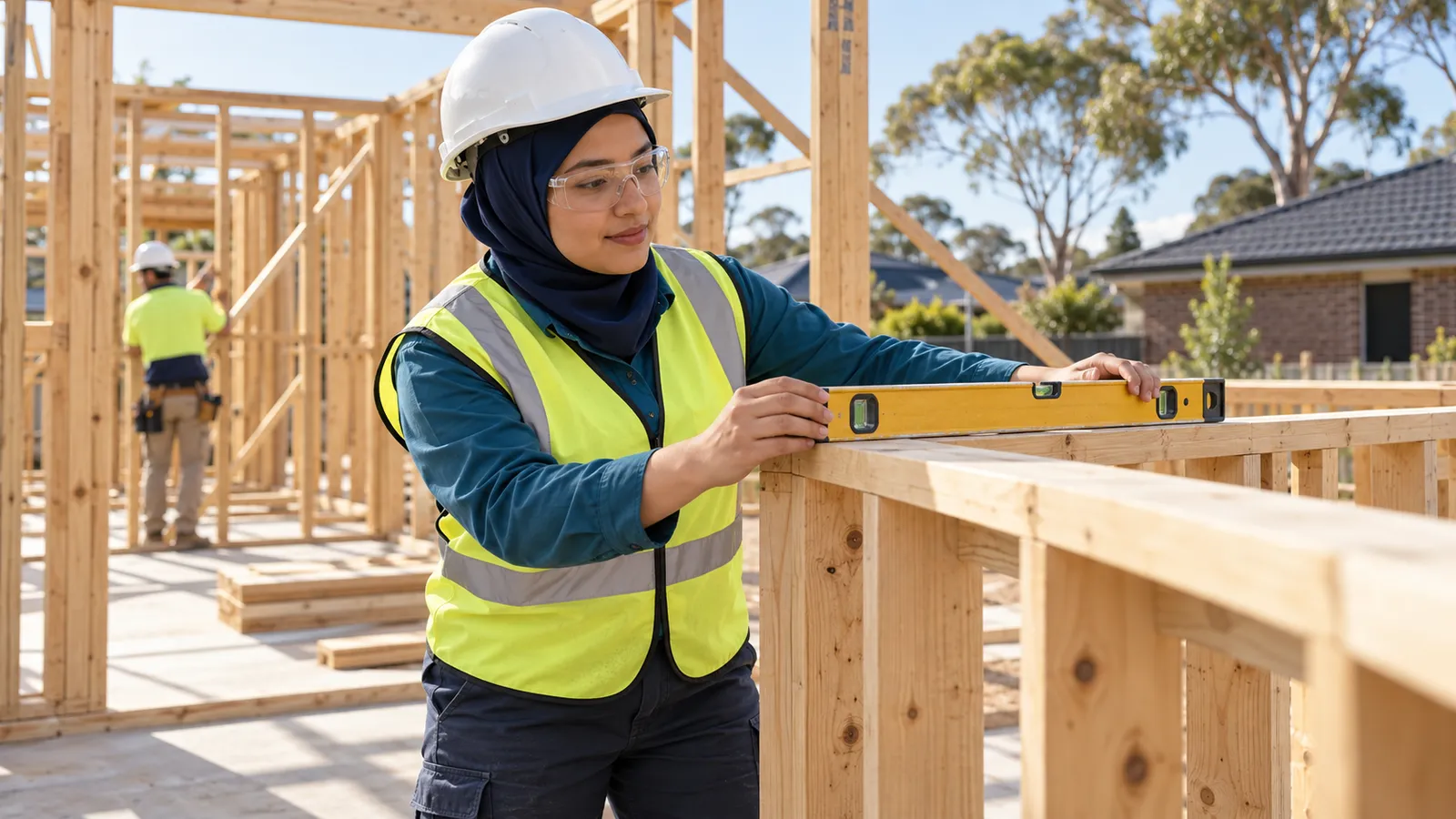 A woman in a navy hijab and safety gear checks a timber frame with a spirit level at an Australian worksite.