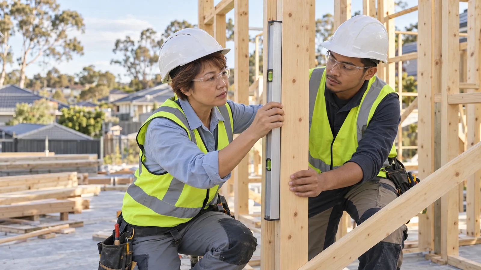 An older woman and a younger man check a timber house frame with a spirit level at an Australian building site.