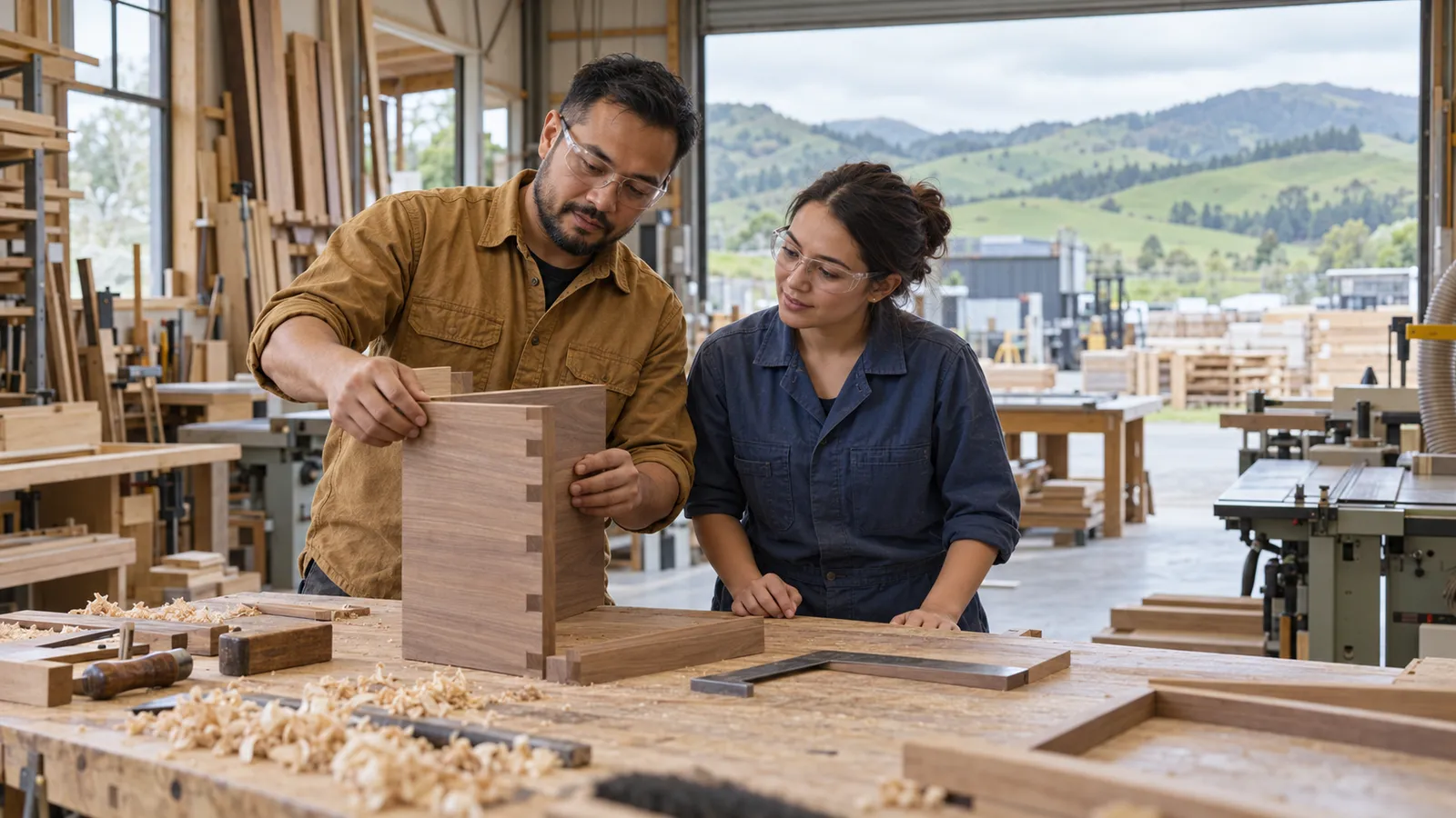 A man in an ochre shirt shows a colleague a timber joint in a bright New Zealand workshop.