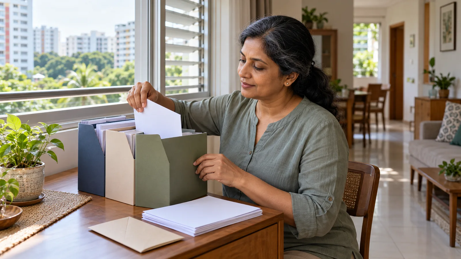 A woman in a grey-green blouse sorts papers into folders beside a sunny window in her Singapore home.