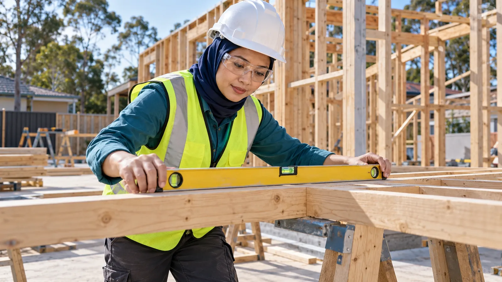 A woman in a navy hijab and safety gear checks a timber frame with a spirit level on a construction site.