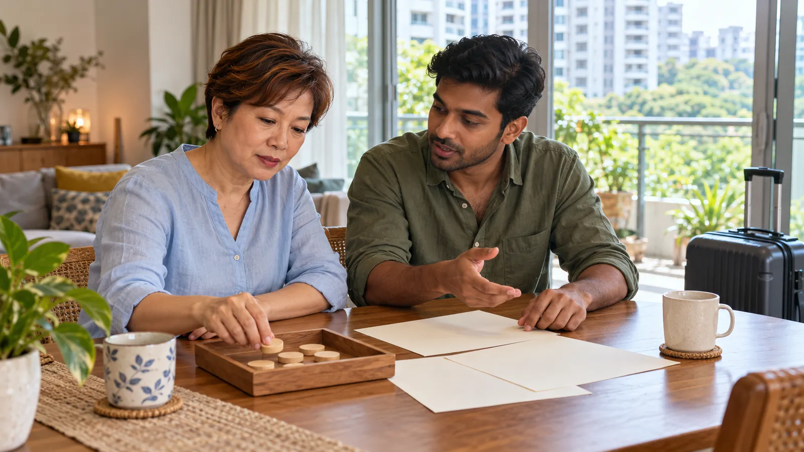 An older woman and a younger man discuss plans at a Singapore home table, with a suitcase nearby.
