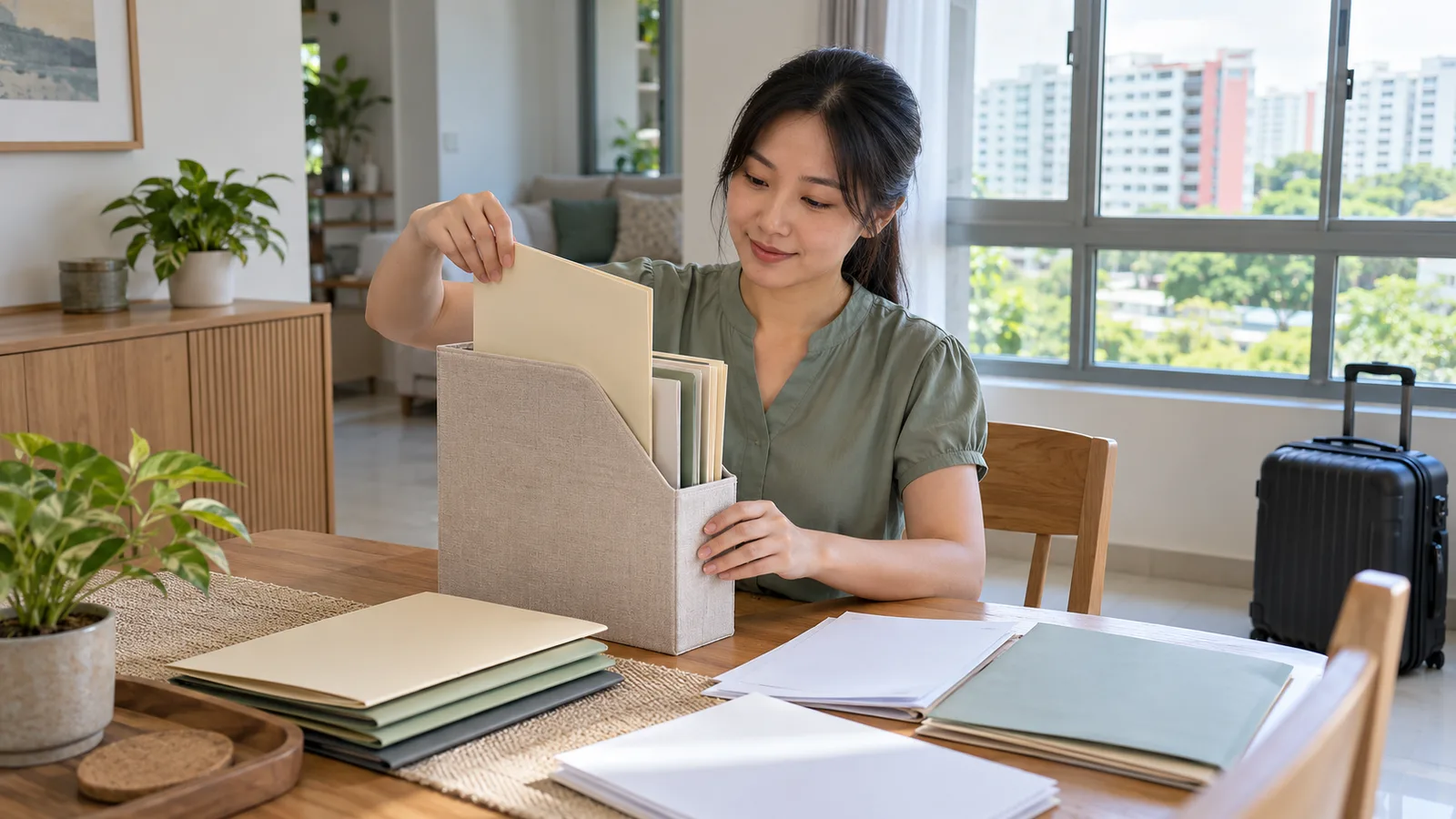 A woman in a sage blouse sorts folders at a sunlit Singapore home, with a suitcase nearby.