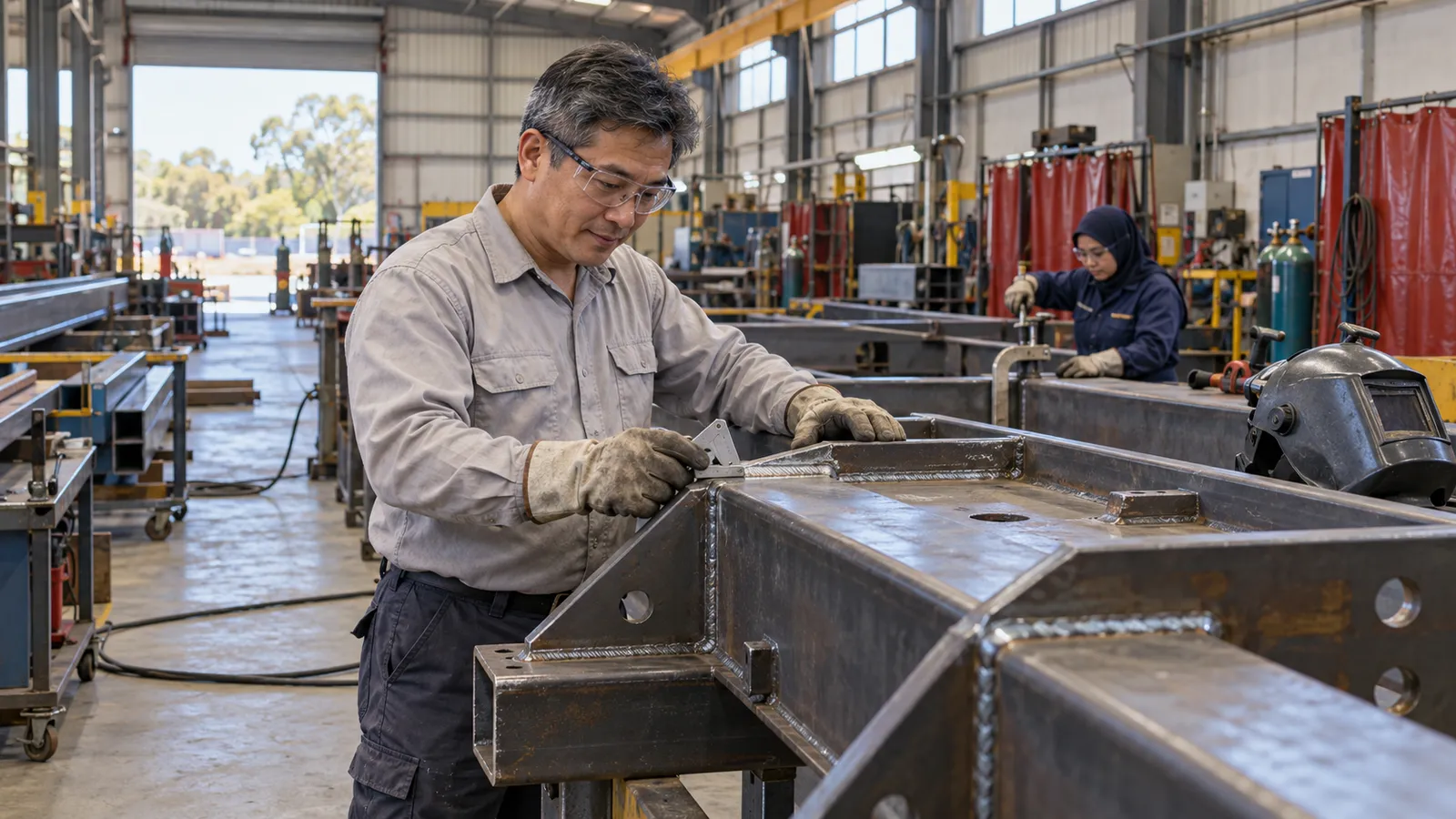 A welder inspects a steel joint in an Australian workshop while a colleague adjusts a clamp behind him.