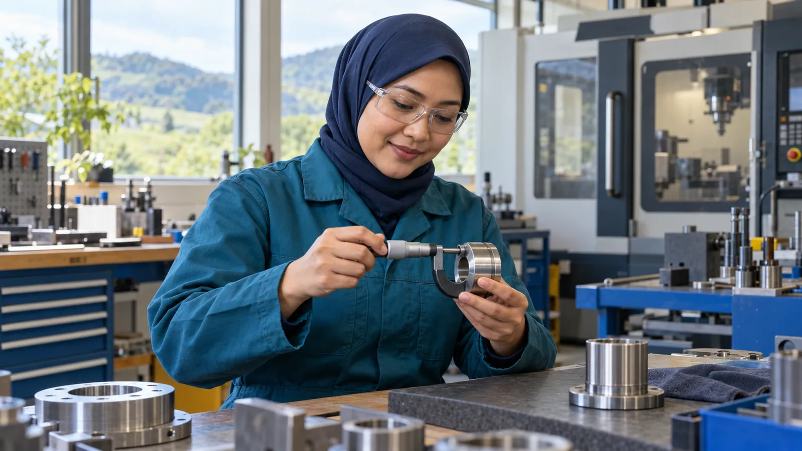 A woman in a navy hijab and safety glasses measures a metal component in a sunlit workshop.