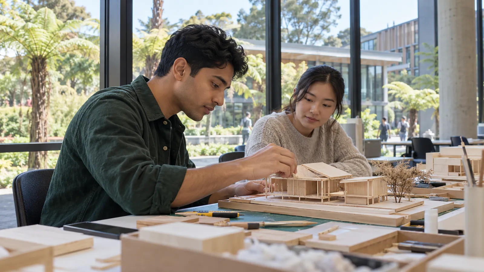 A student in dark green assembles a wooden architectural model beside a classmate in a sunlit studio.
