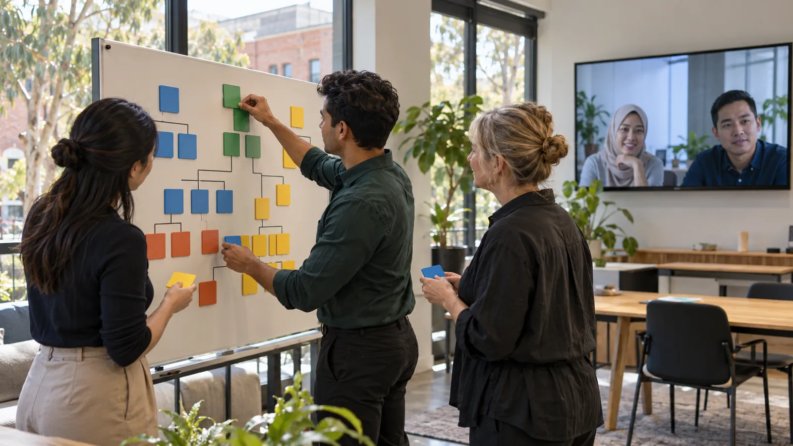 A man in green arranges coloured task cards with office colleagues while two teammates join by video.