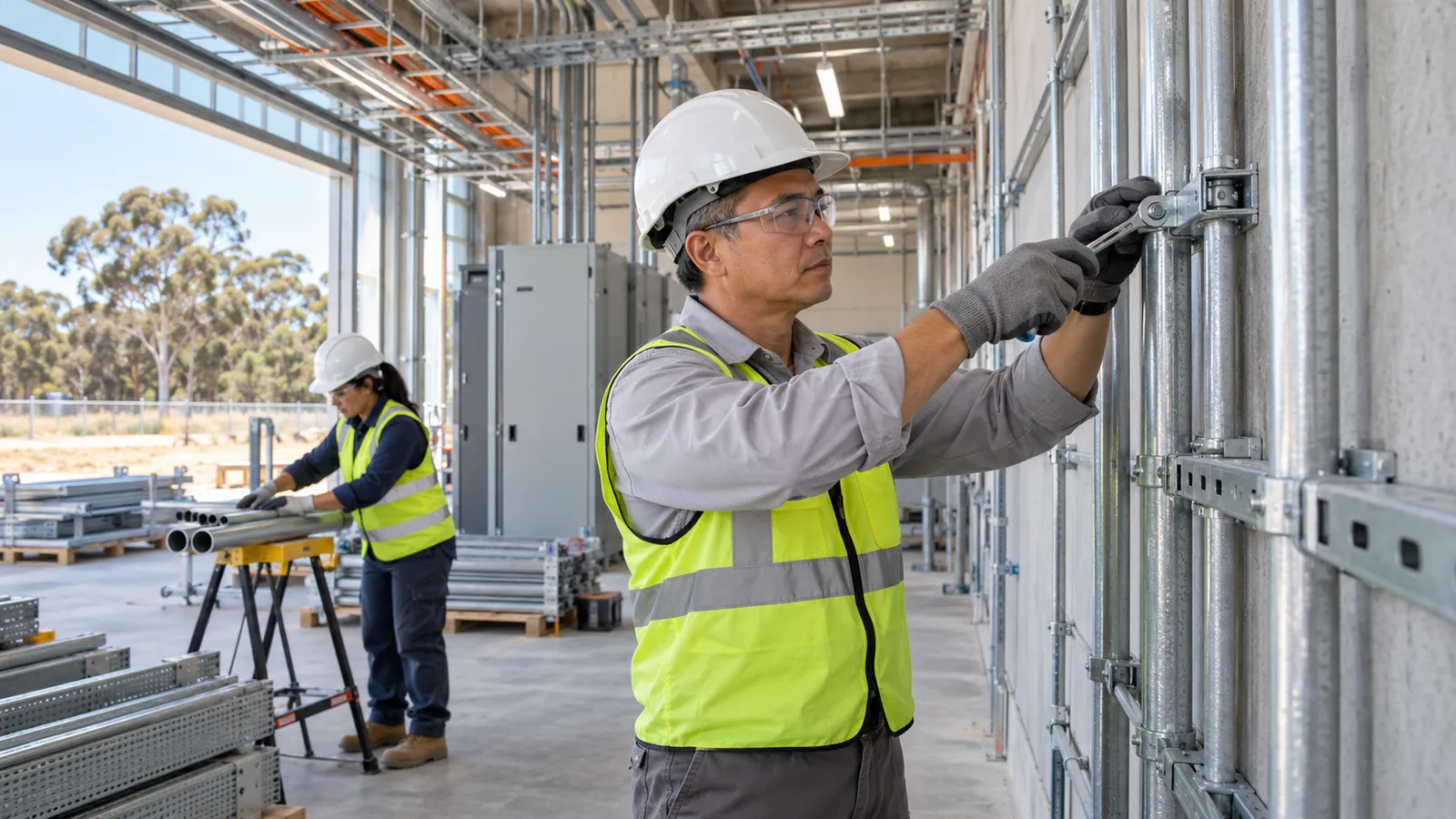 An electrician secures conduit while a colleague prepares pipes at an Australian data centre build.