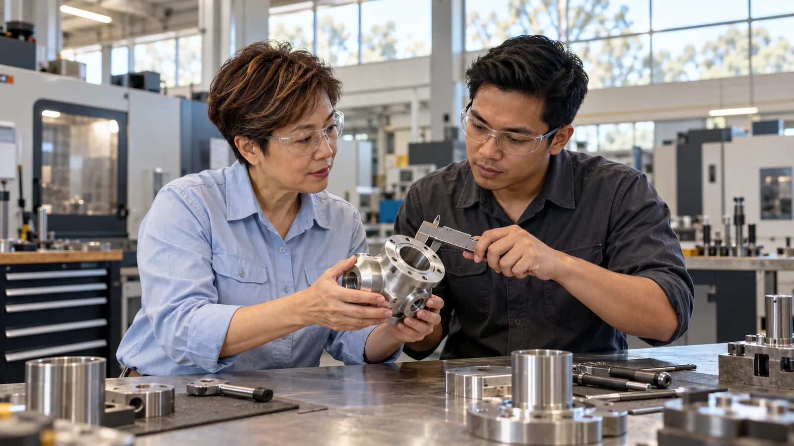 An older woman and a younger man inspect a metal component together in a bright engineering workshop.