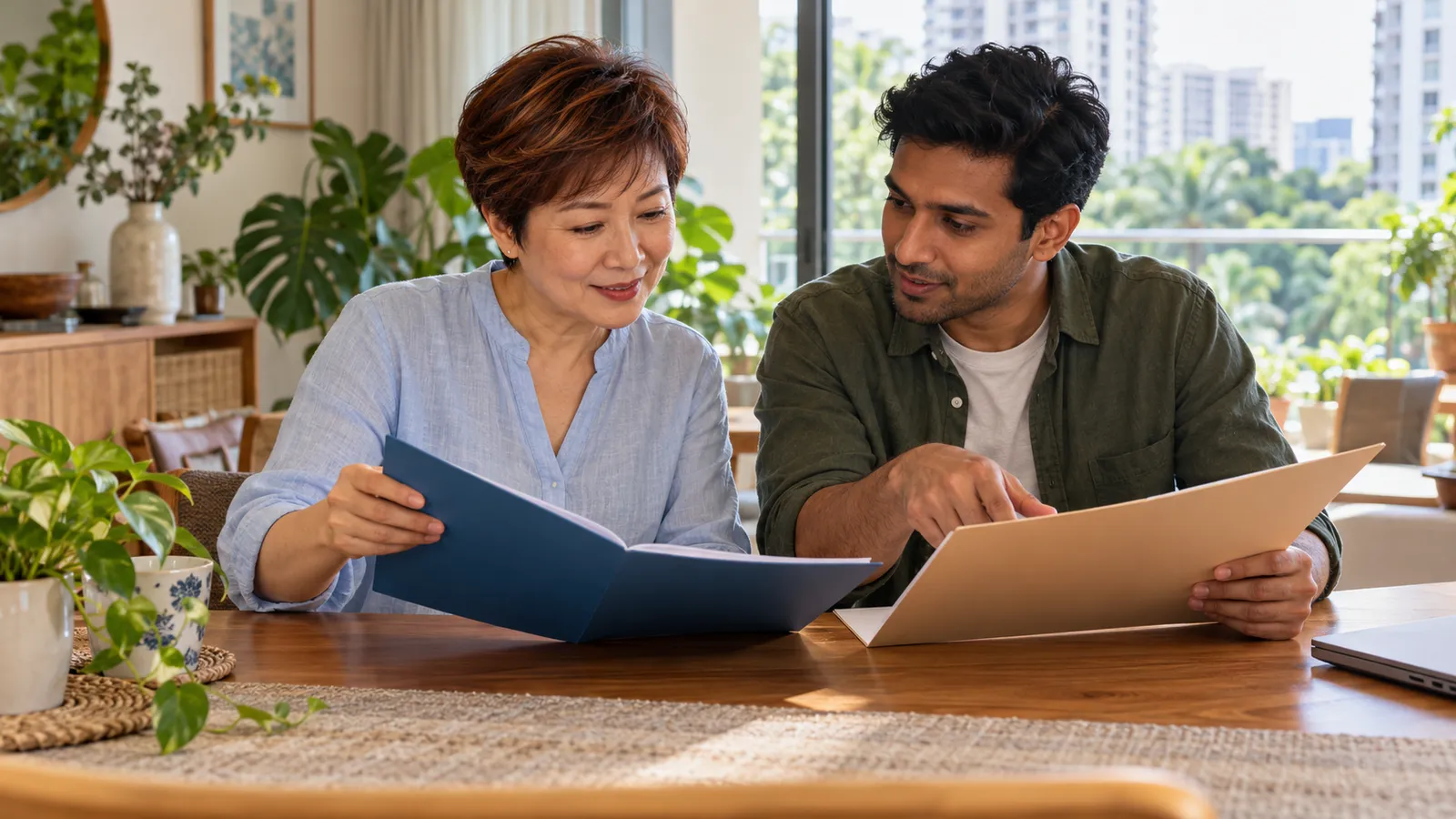 A woman in pale blue and a younger man review folders together at a sunny Singapore home.