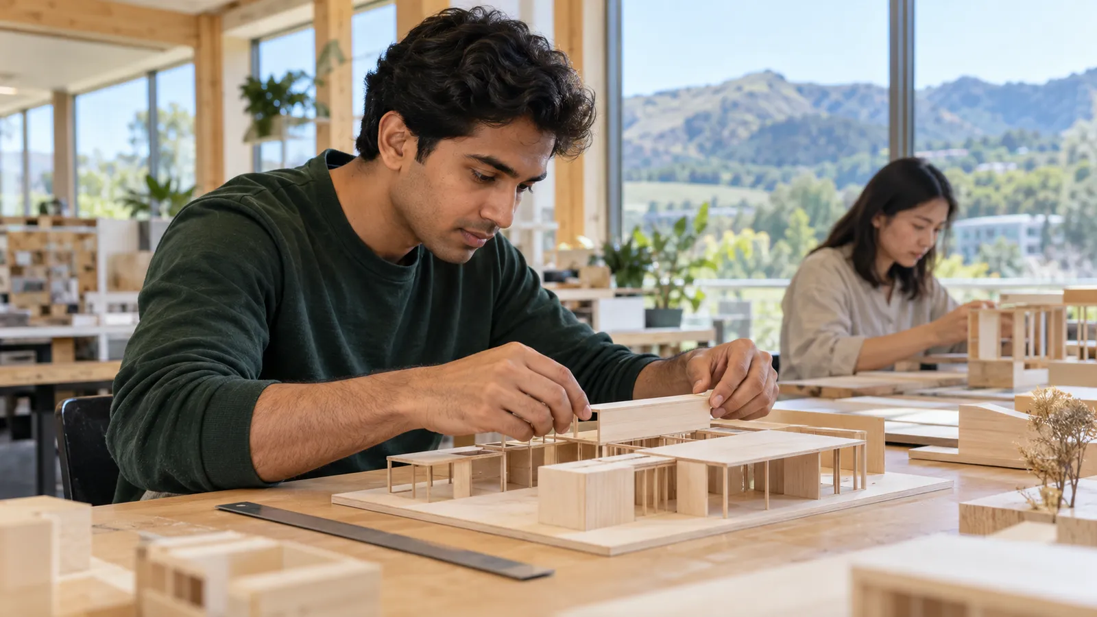 A man in dark green assembles a wooden architectural model in a sunlit studio, with a woman working nearby.