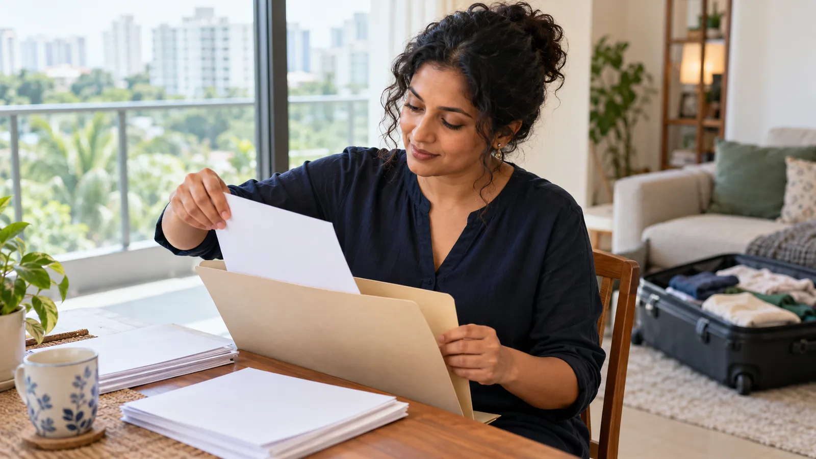 A woman in navy sorts papers into a folder at her Singapore home, with an open suitcase nearby.