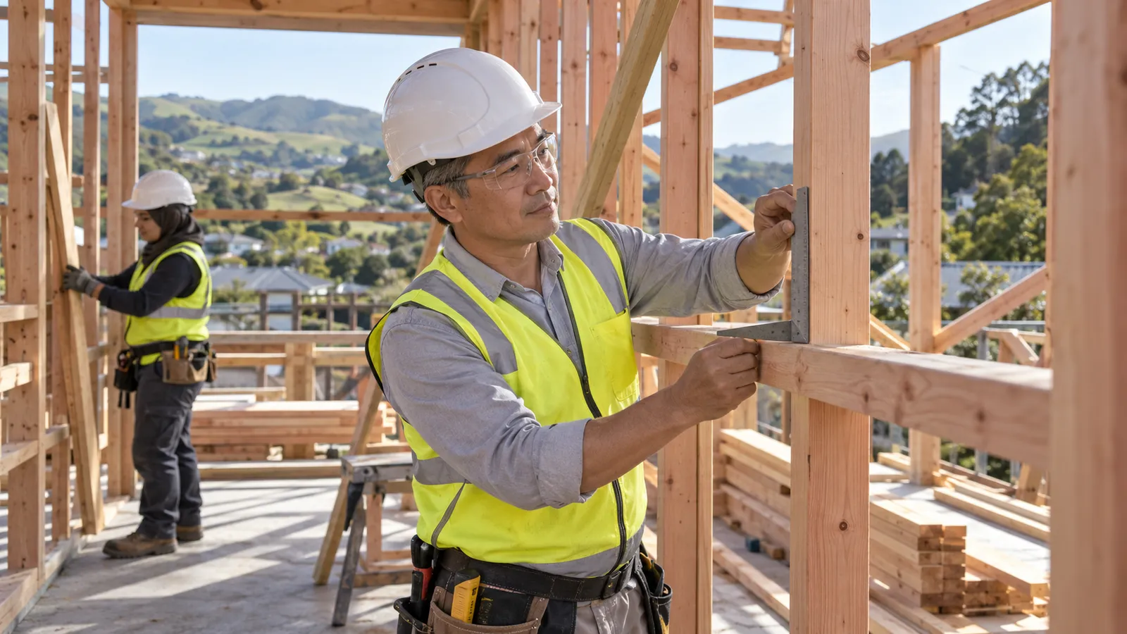 A Singaporean carpenter checks timber framing at a New Zealand building site, with a colleague behind him.