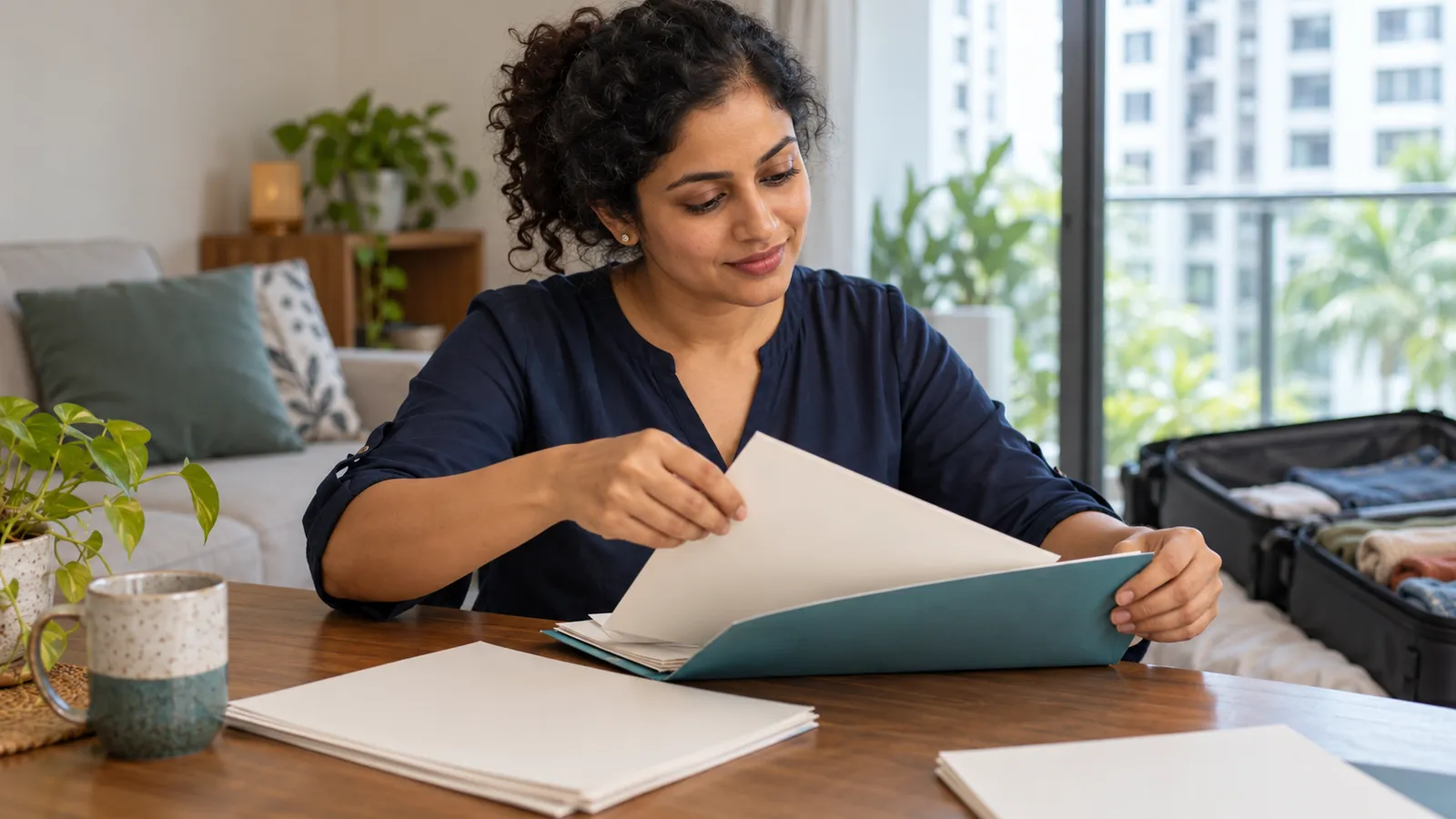 A woman in navy sorts papers into a teal folder at home, with an open suitcase beside her.