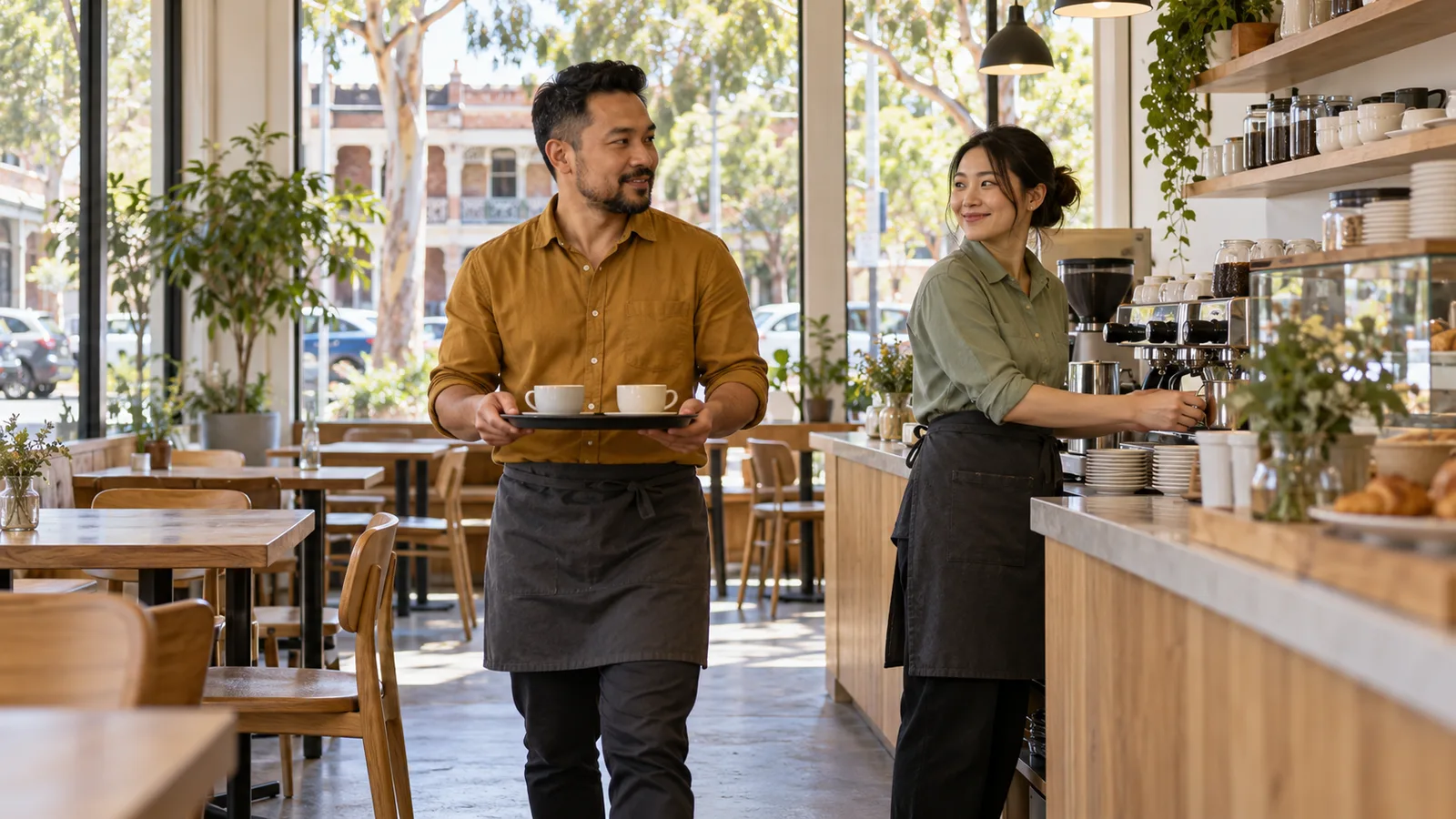 A man in an ochre shirt carries coffee cups past a smiling colleague in a sunlit Australian café.