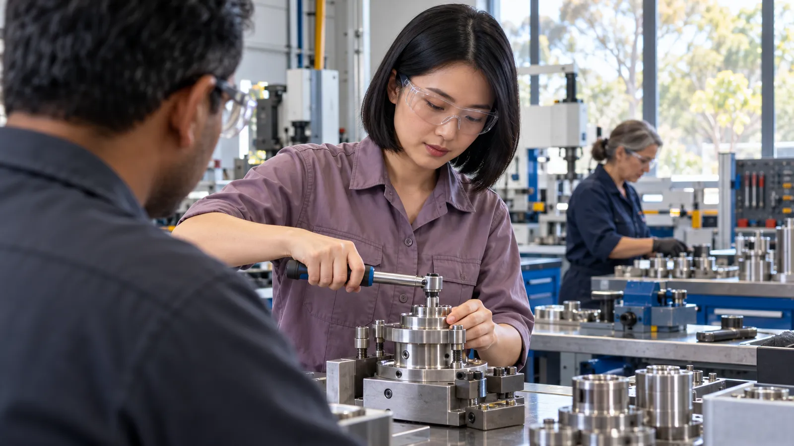 A woman in mauve tightens a metal assembly with a wrench as her colleague watches in a bright workshop.