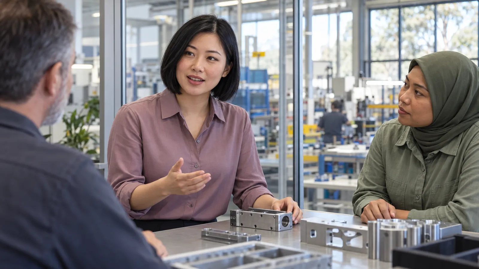 A woman in mauve leads a discussion with two colleagues over metal components in a bright factory meeting area.