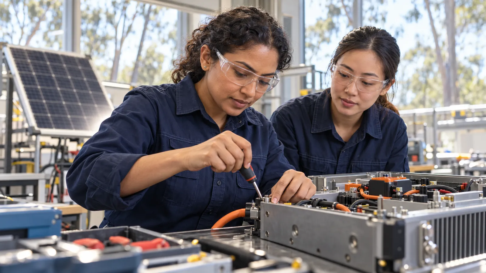 An engineer adjusts an electrical module as her colleague watches in a sunlit workshop.