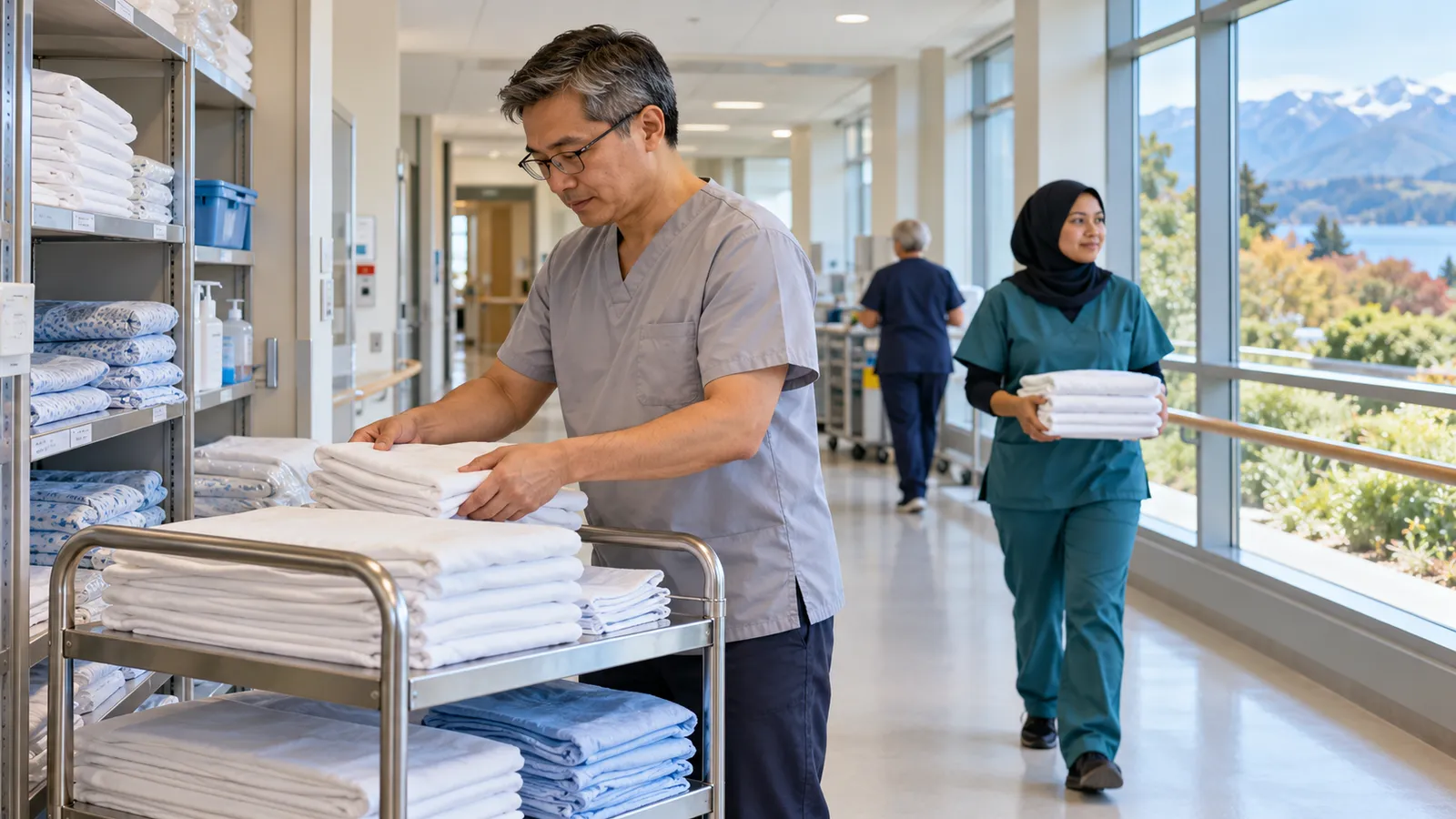 A man in grey scrubs stocks a linen trolley as colleagues work in a bright hospital corridor.
