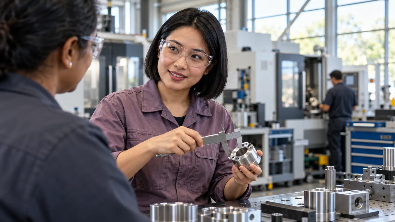 A woman in mauve workwear measures a metal component while discussing it with a colleague in a bright workshop.