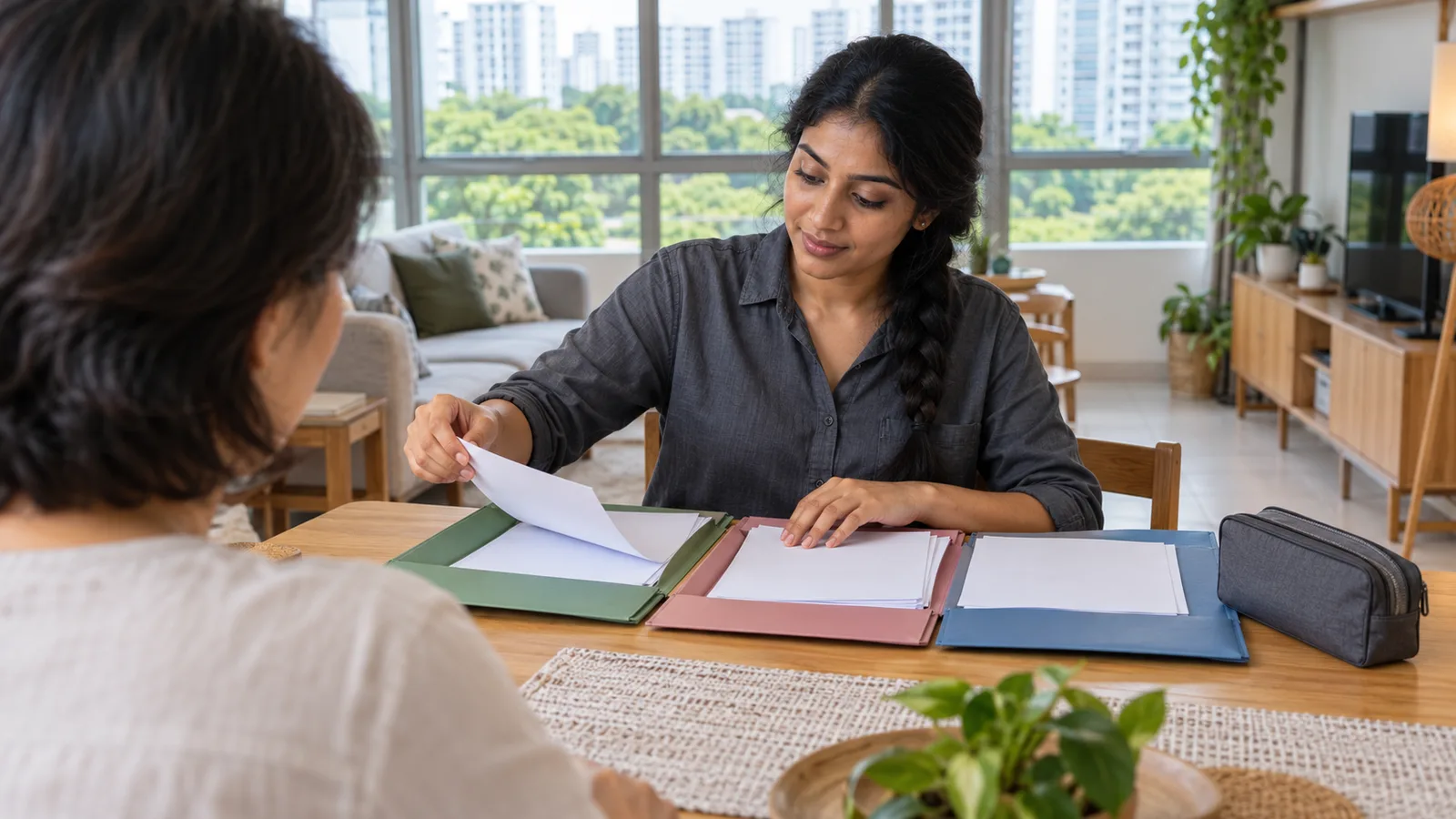 A woman with a long braid sorts papers into three folders with another woman in a bright Singapore flat.