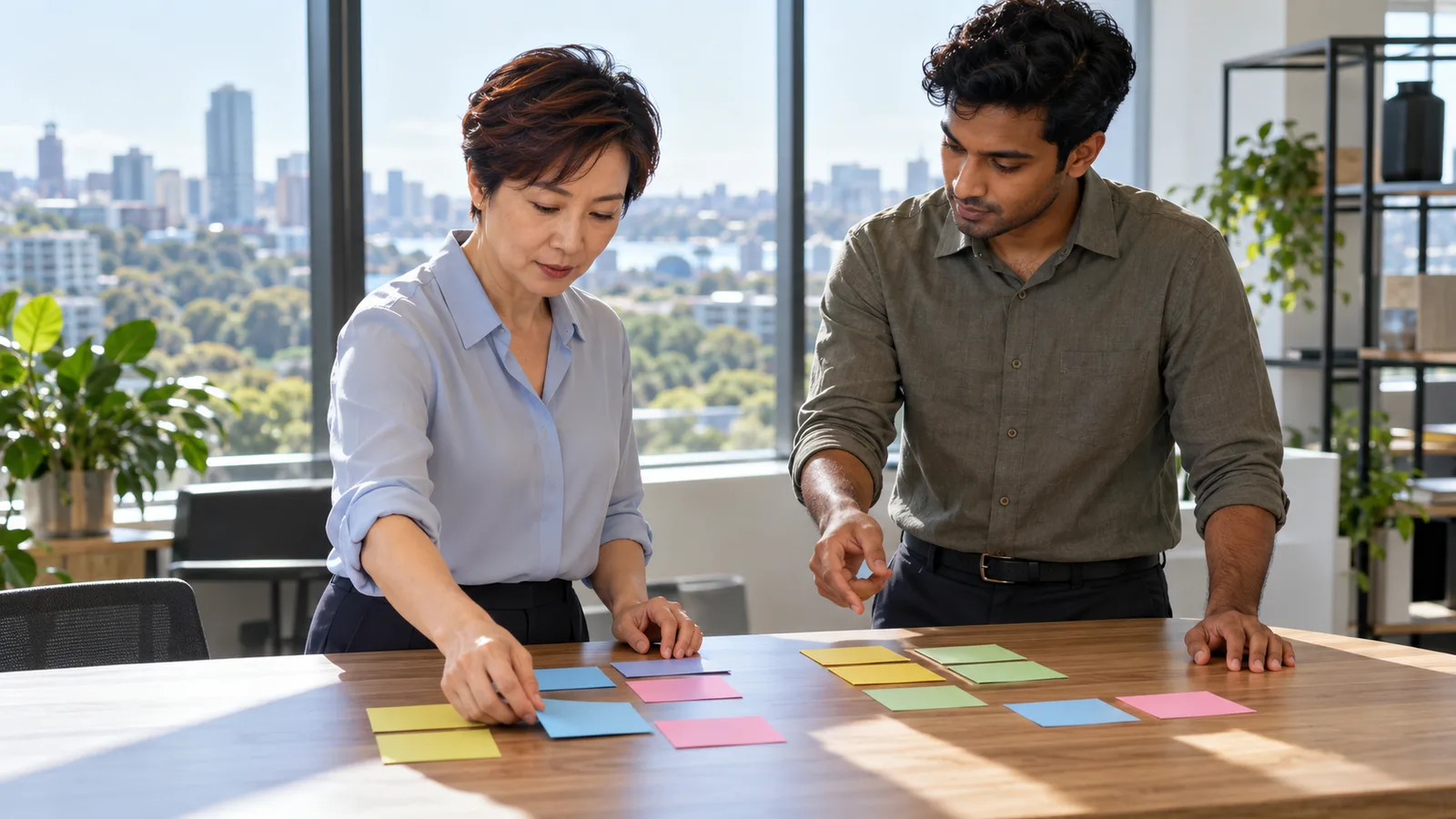 A woman in pale blue and a younger male colleague arrange coloured cards on a table in a bright office.