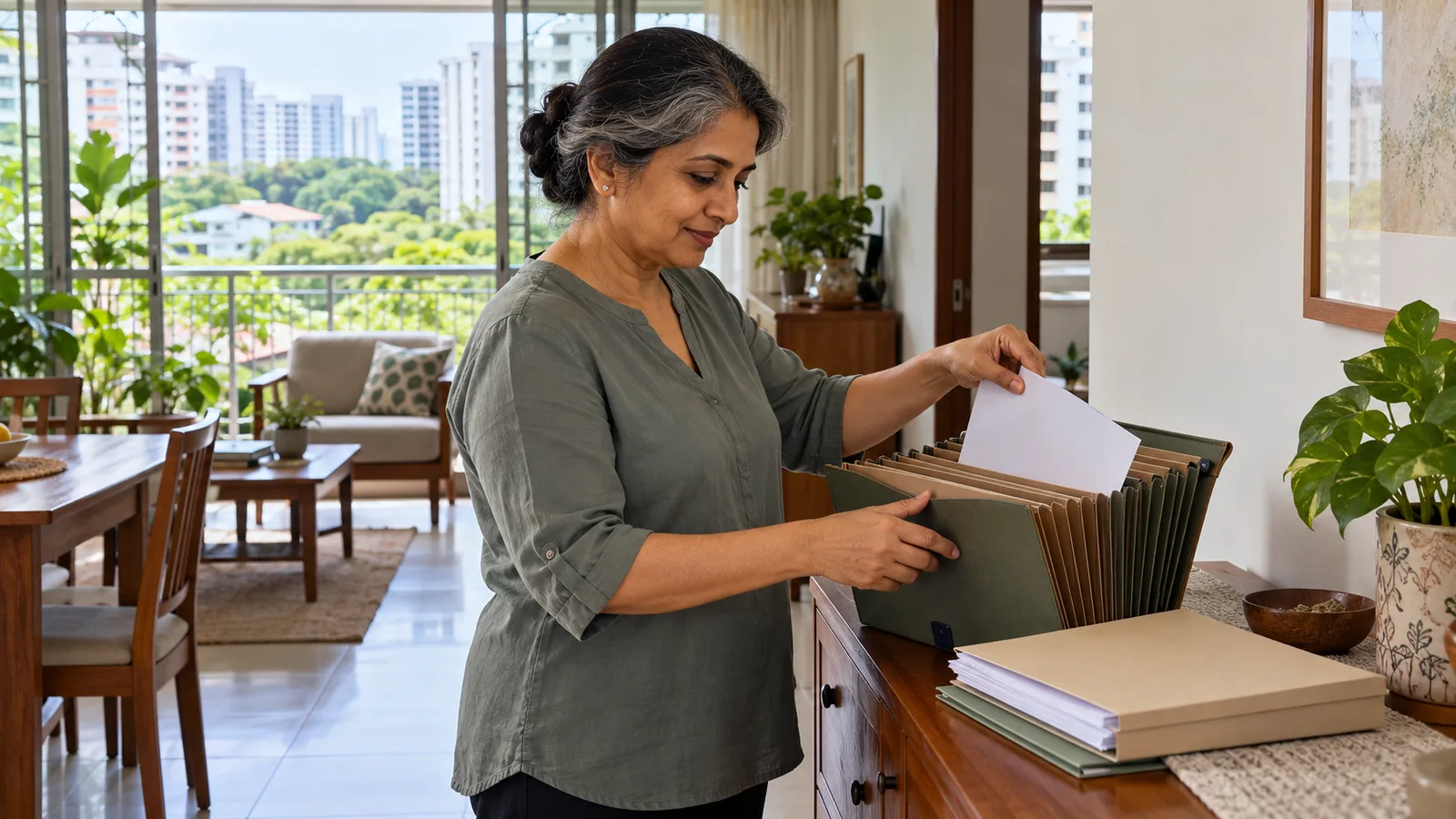 A woman in a grey-green blouse sorts papers into an accordion file in her sunlit Singapore flat.