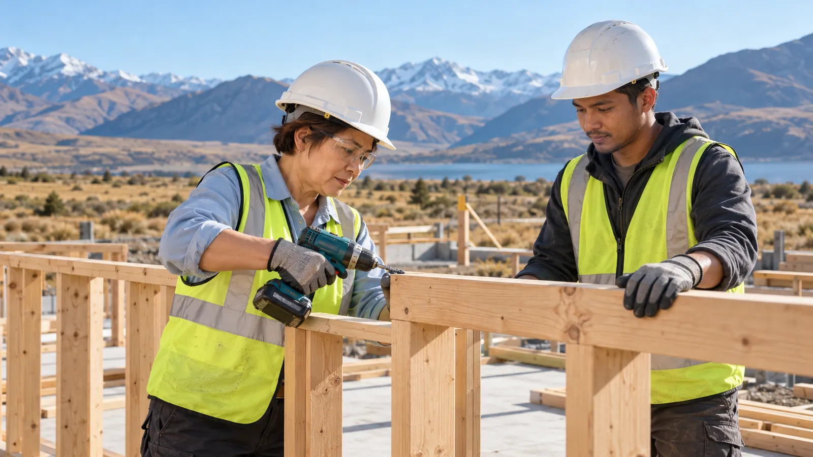 An older woman and a younger man work on timber framing at a New Zealand building site beside the mountains.