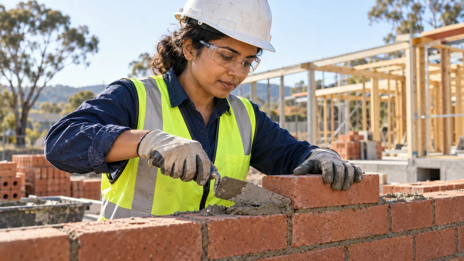 A woman in safety gear uses a trowel to lay red bricks at a sunlit construction site.
