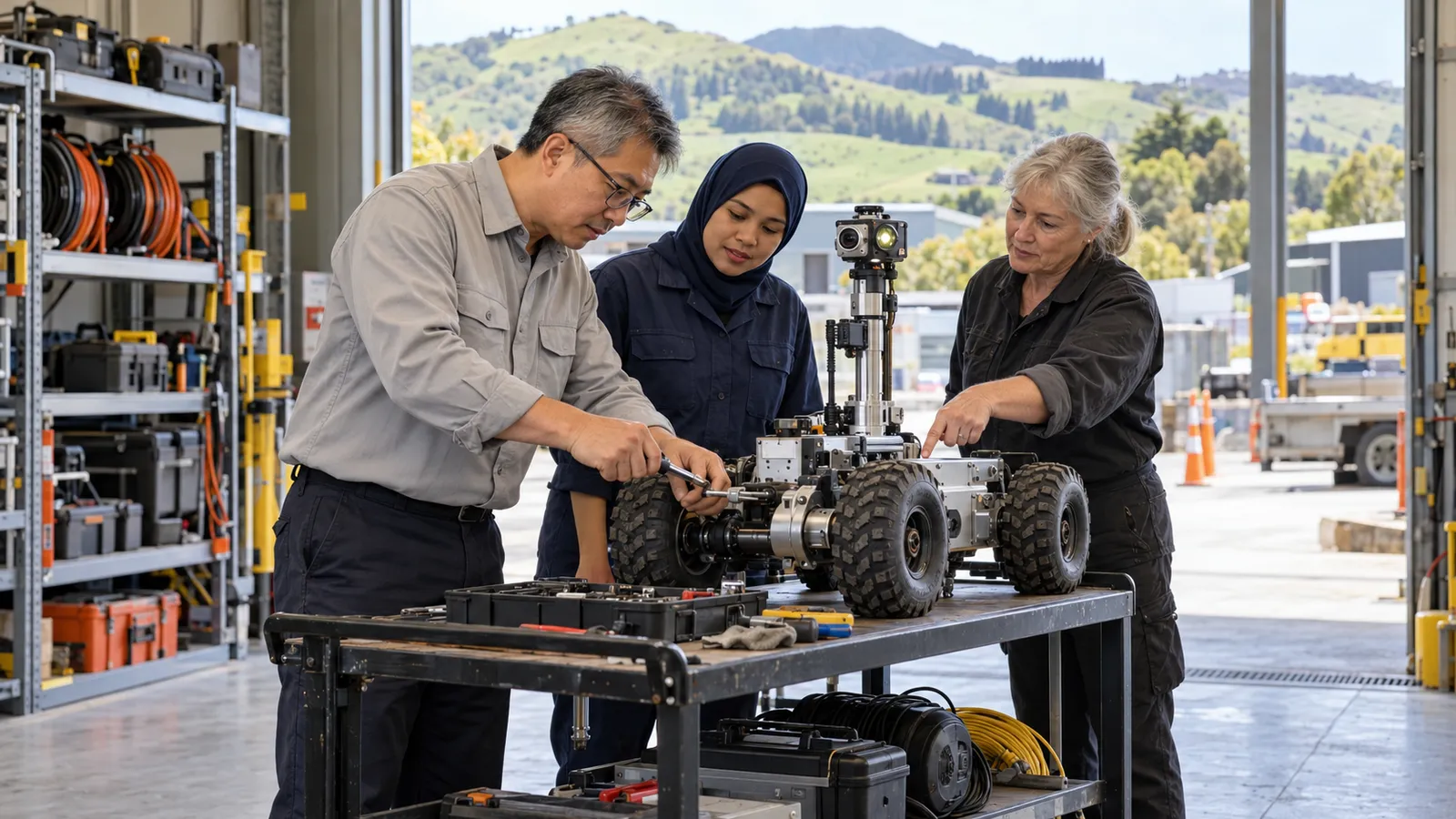 A man adjusts an inspection rover with two colleagues in a sunlit New Zealand workshop.