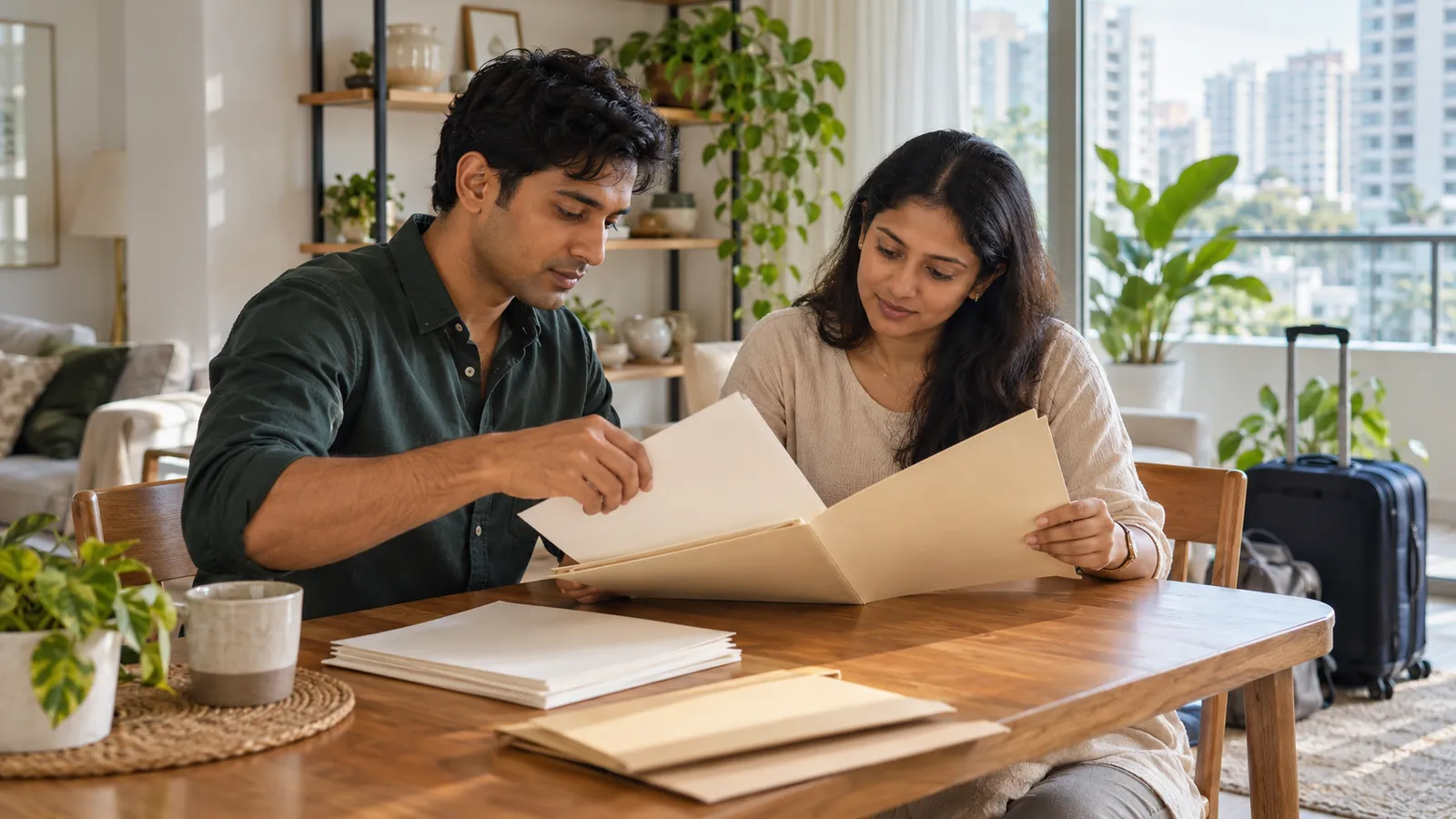 A man in dark green and a woman sort papers at a dining table in a bright Singapore flat.