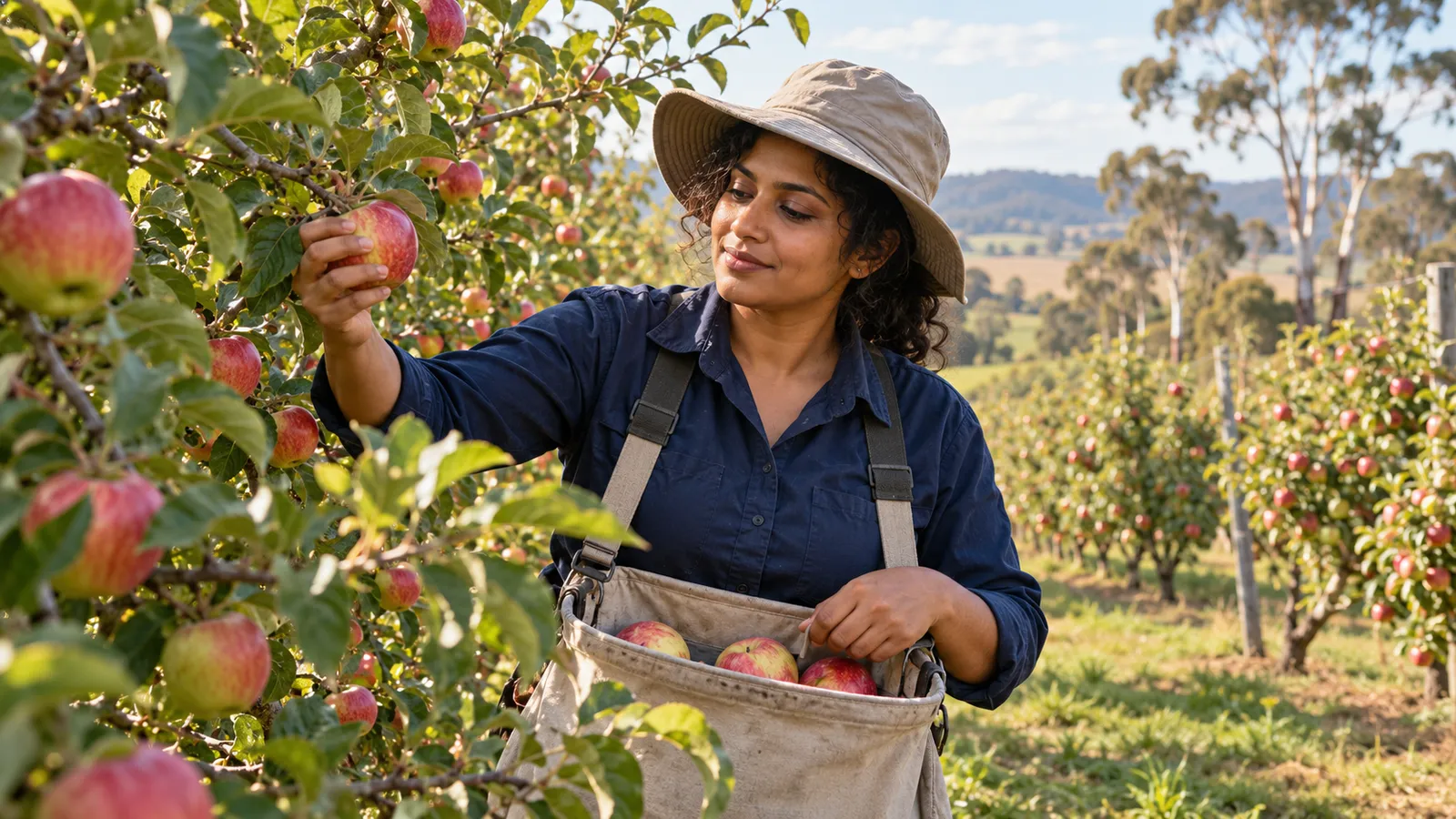 A woman in a navy shirt and sun hat picks apples into a canvas bag in a sunlit orchard.