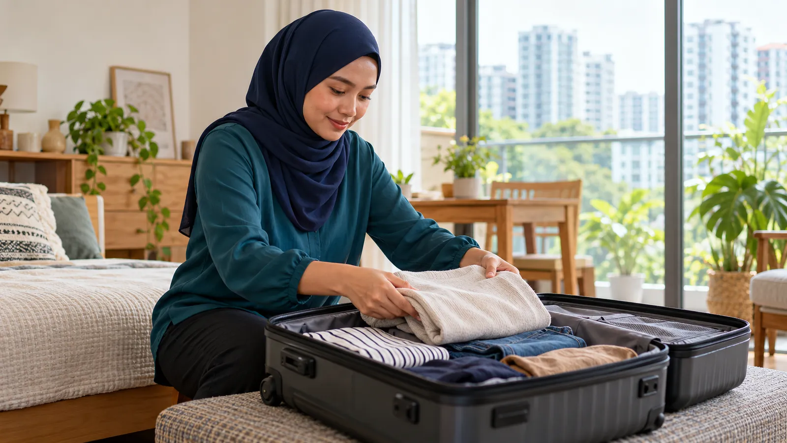 A woman in a navy hijab and teal blouse packs clothes into a suitcase in her sunlit Singapore home.