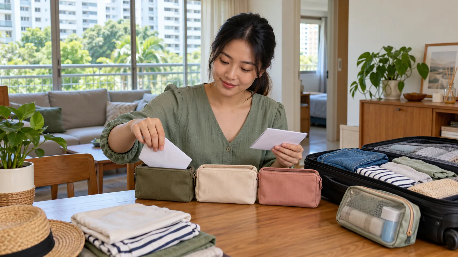 A woman sorts envelopes into pouches beside an open suitcase in her sunlit Singapore home.