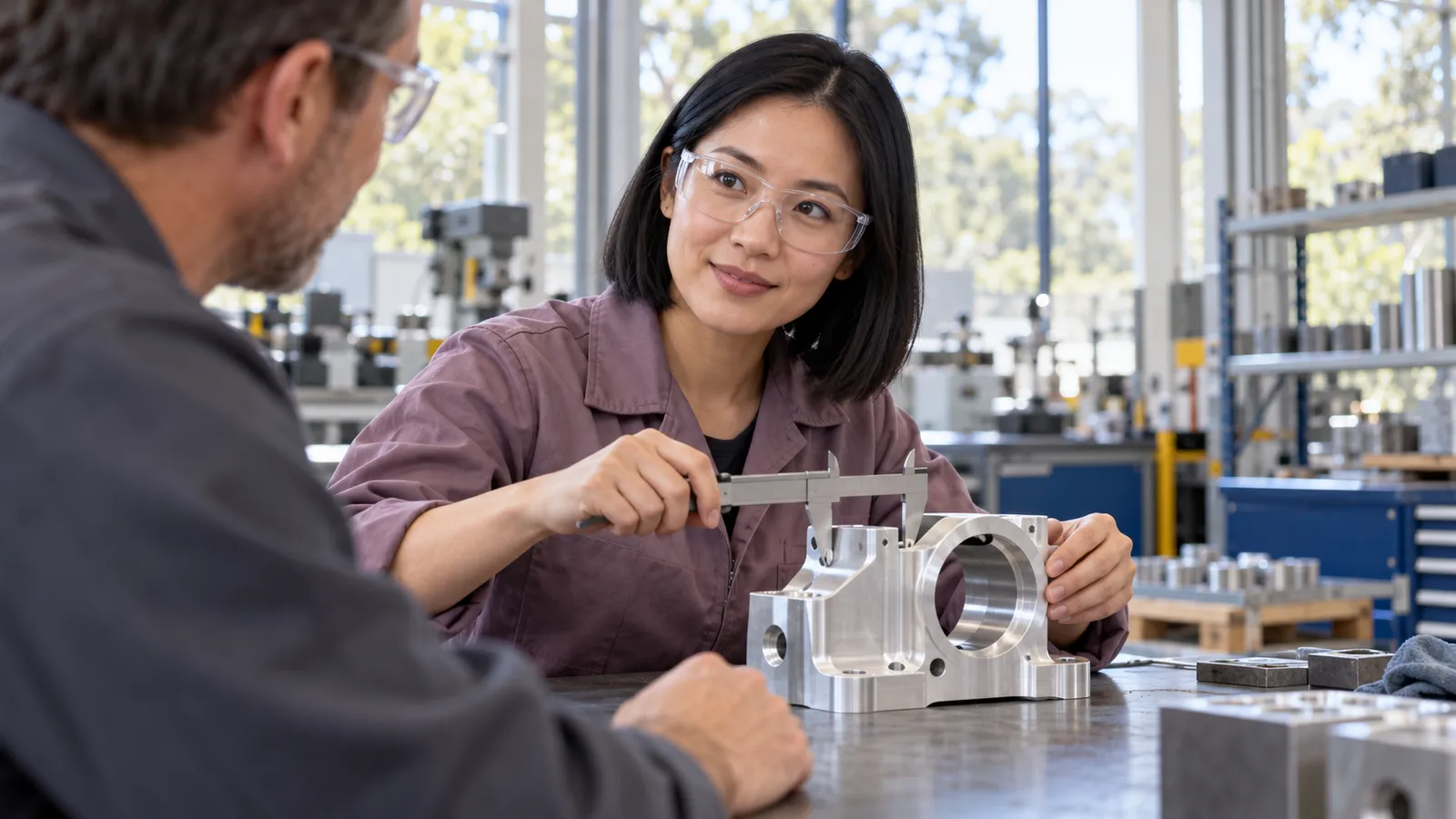 A woman in mauve workwear measures a metal component with a caliper as her colleague looks on.