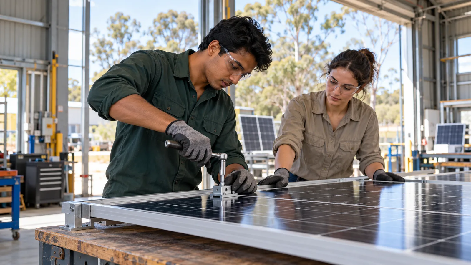 A man in dark green workwear tightens a solar panel bracket while a colleague steadies the frame.