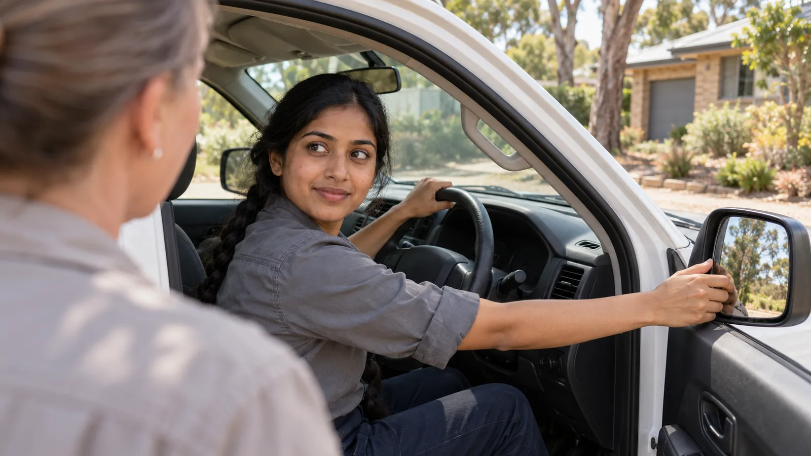 A woman in grey workwear adjusts a parked vehicle’s side mirror while her companion watches.