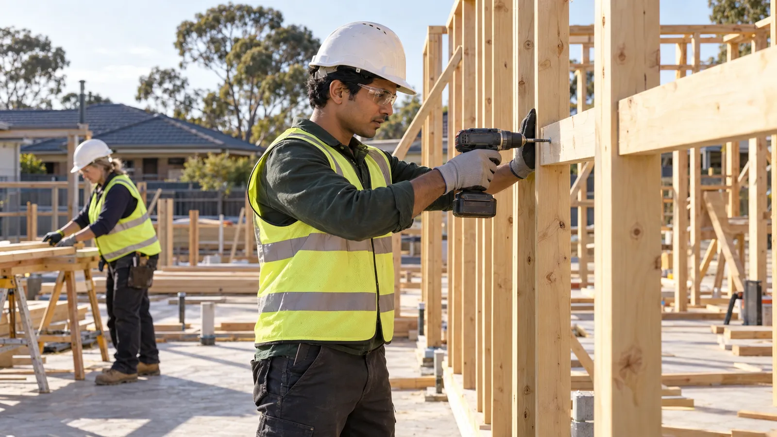 A builder secures timber framing with a drill at an Australian housing site, with a colleague working nearby.