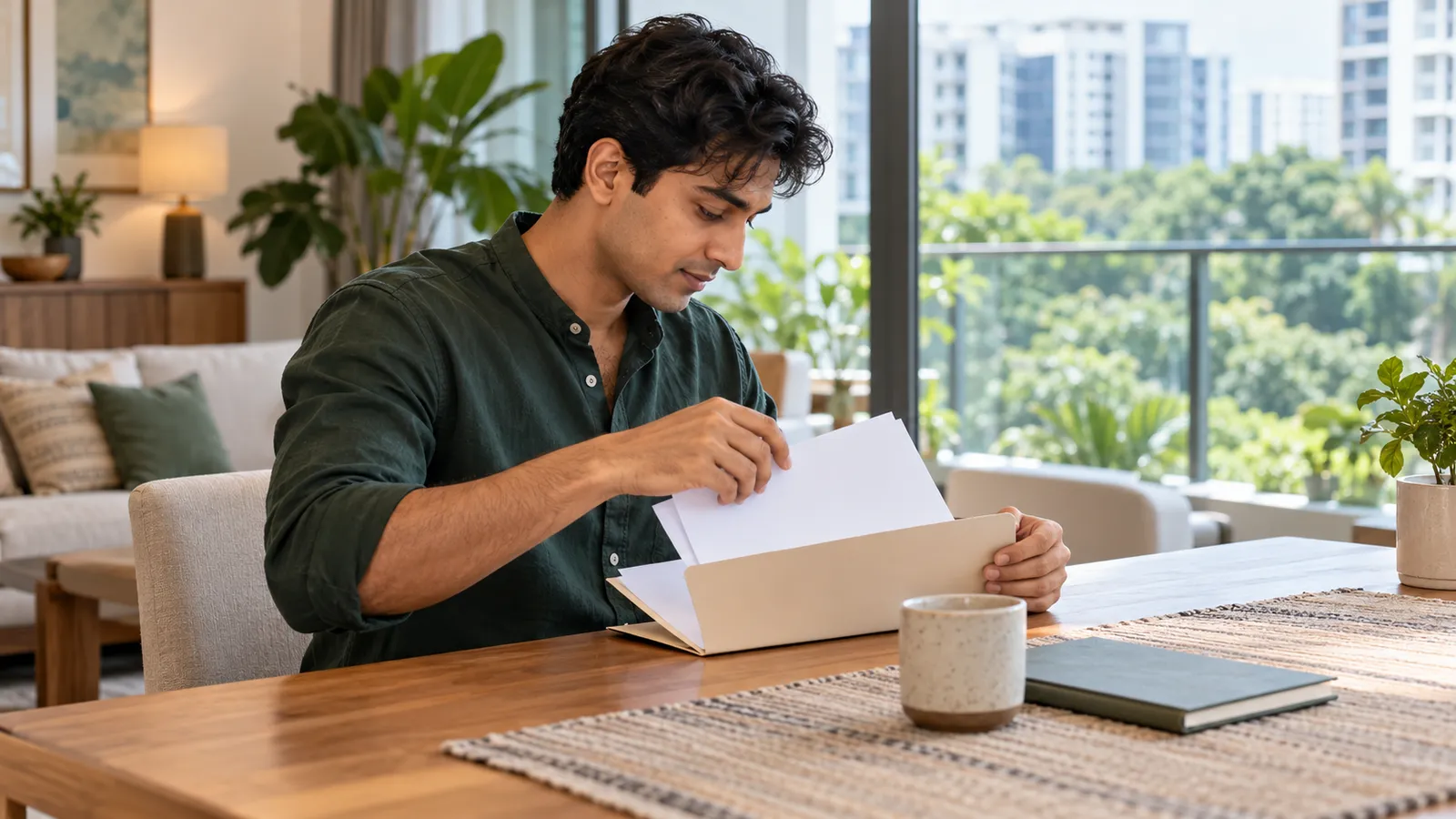 A man in a dark green shirt sorts papers into a folder at a sunlit dining table in a Singapore home.