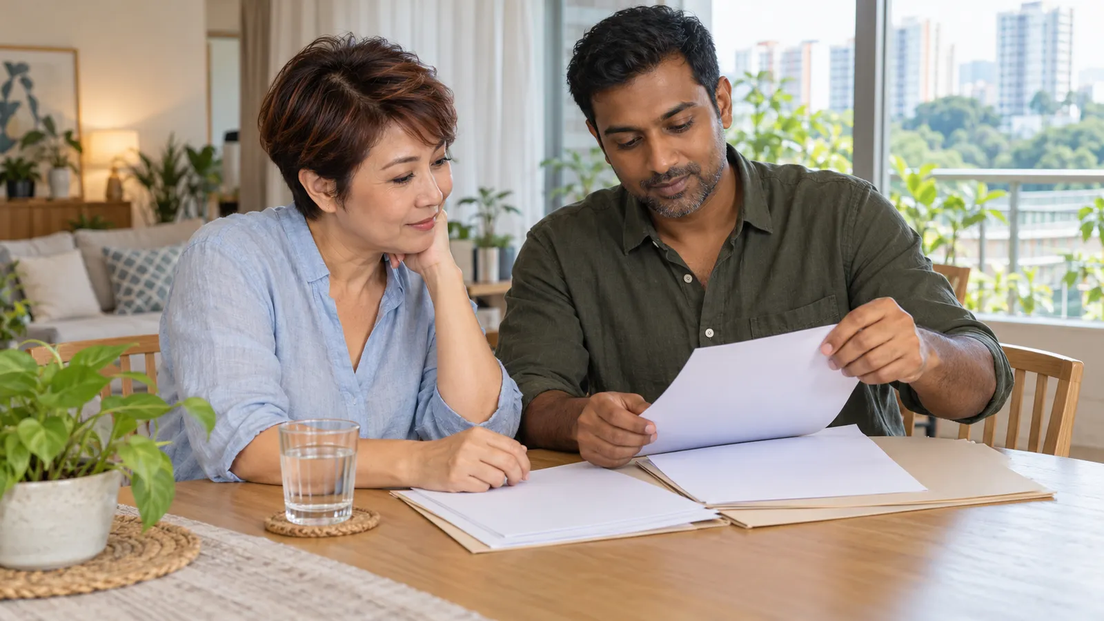 A woman in pale blue and a younger man sort papers together at a sunlit dining table in Singapore.