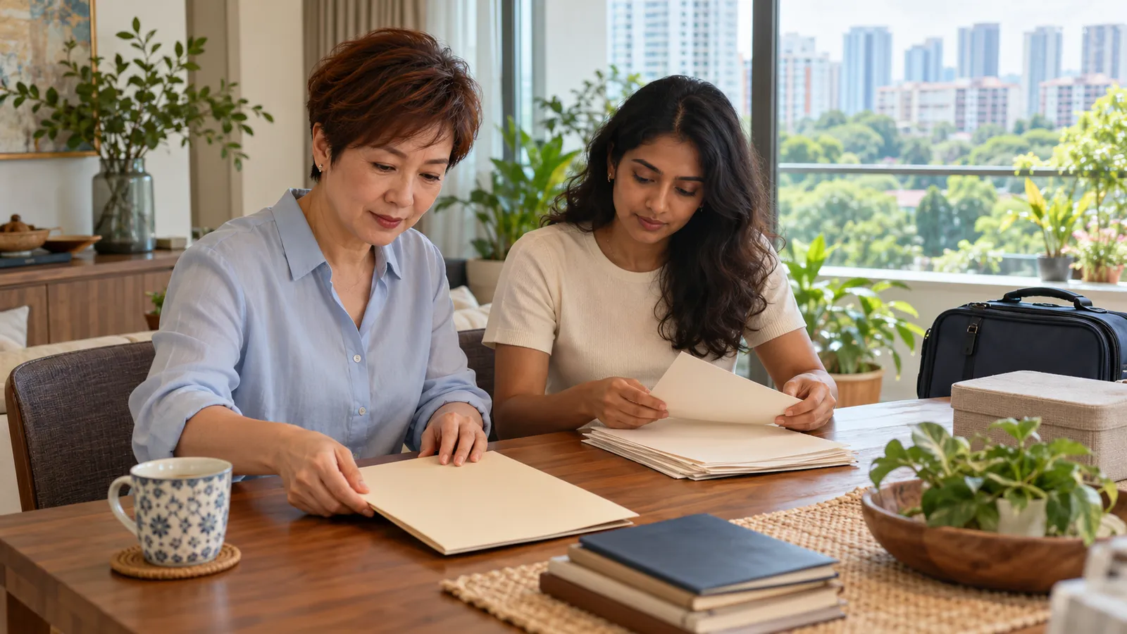 Two women sort papers and folders at a dining table in a bright Singapore home, with a travel bag nearby.