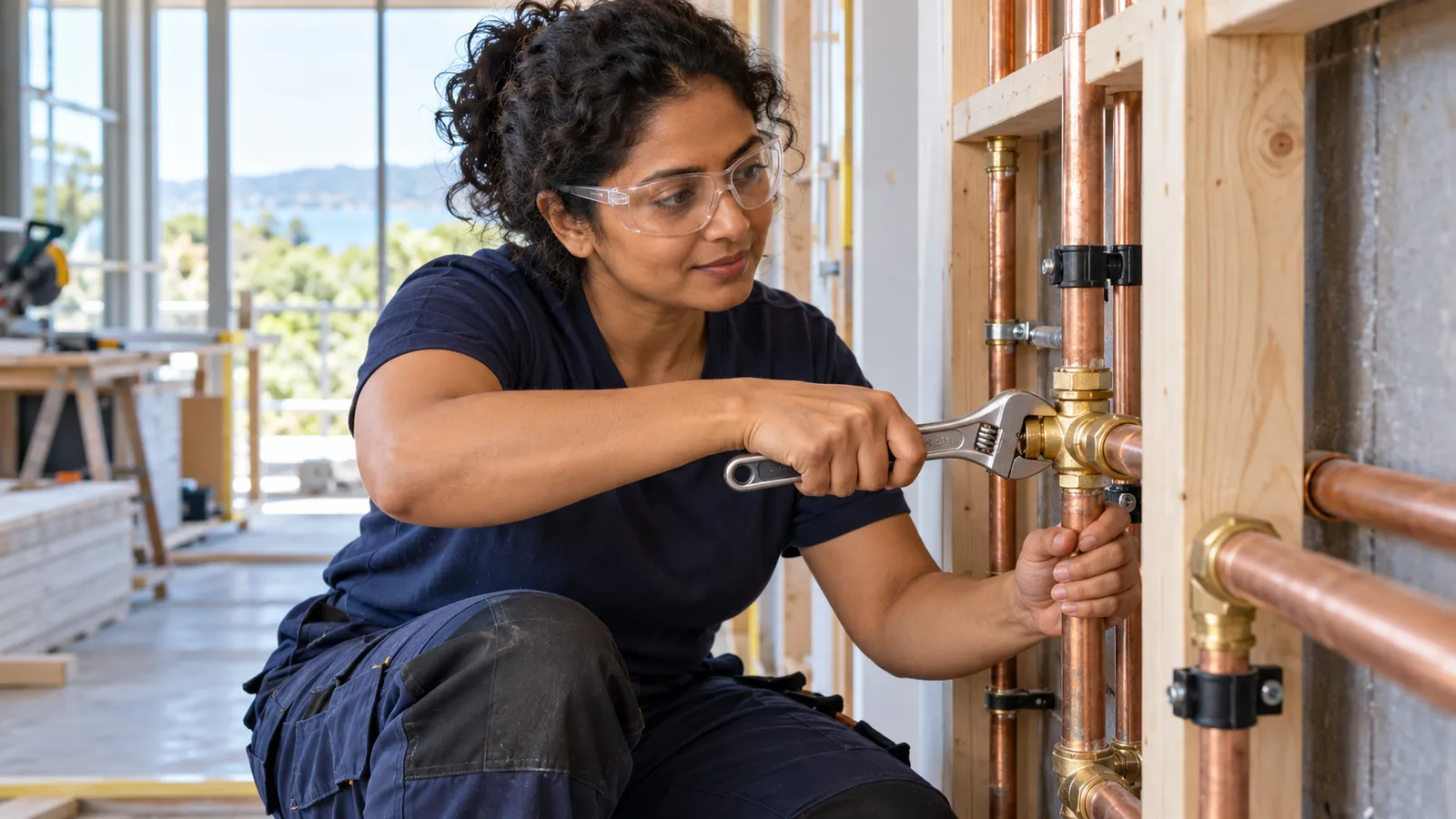 A woman plumber in navy workwear tightens a brass fitting on copper pipes at a bright construction site.
