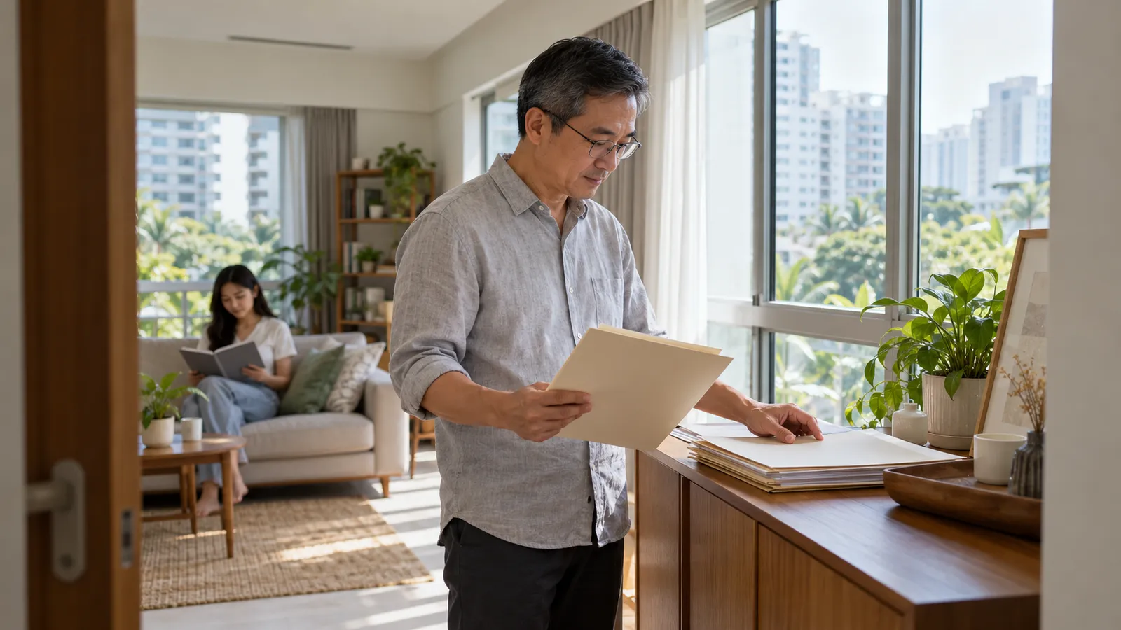 A man sorts folders by the window in a bright Singapore home while a young woman reads on the sofa.