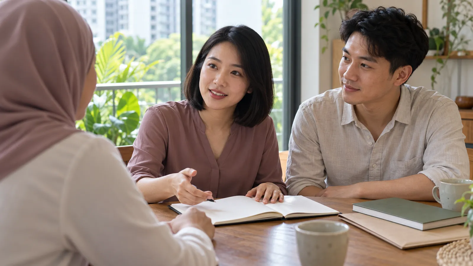 A woman in mauve discusses plans with her partner and a colleague at a sunny Singapore dining table.